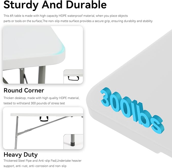 10 Pack of 6 Foot Foldable Table with Built in Handle & Steel Legs ,Heavy Duty Portable ,Perfect for Party, Dining, Wedding, Events, Picnic Indoor, Outdoor, Camping, Utility, Folding(white-10pac)