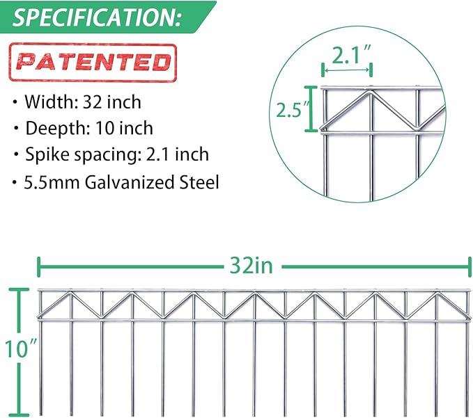 10 Pack 32" L x 10" H Animal Barrier Fence, No Dig Fence Patented Product, 5.5mm Galvanized Stakes with 2.1" Spacing, Anti Digging for Dogs Outdoor Yard Patio, Total 26.6Ft(L) X 10in(H) Silver