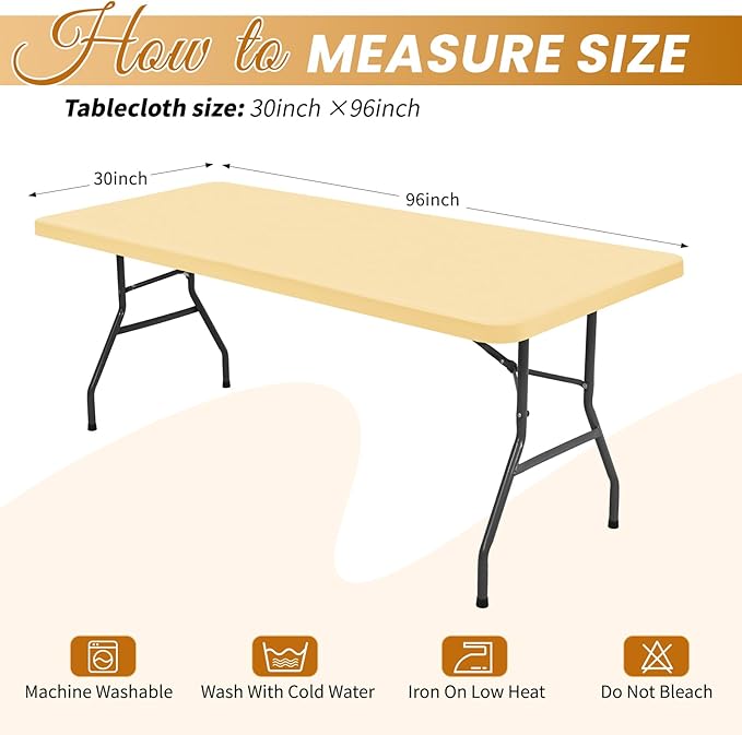 6 Pack Stretch Fabric Table Top Cap Cover, Beige Table Covers fits 8Ft Tables, Washable Elastic Universal Rectangle Tablecloth Protector for Indoor Outdoor Party Picnic Wedding (30" W x 96" L)
