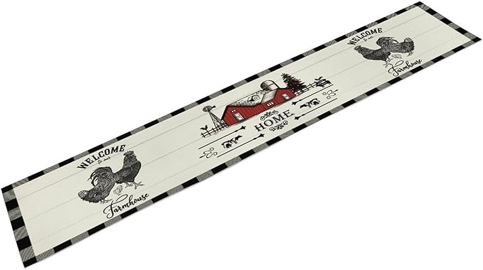 Rooster Table Runners, Black White Buffalo Plaid Rustic Cow Farm Animal Table Runner for Wedding Coffee Dining Table Party Home Farmhouse 13x108in