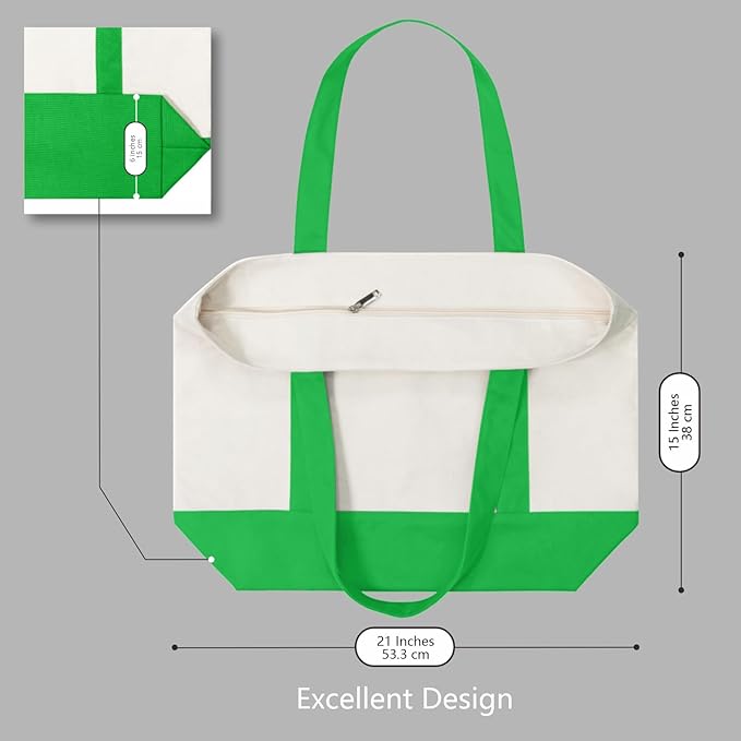 TOPDesign 1-Pack Canvas Tote Bag with an External Pocket, Reusable Grocery Shopping Bag, Top Zipper Closure, Daily Essentials (Lime Green/Natural)