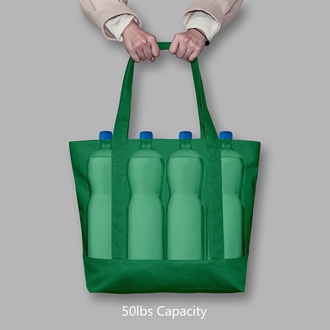 TOPDesign 3-Pack Canvas Tote Bags with an External Pocket, Reusable Grocery Shopping Bags, Top Zipper Closure, Daily Essentials (Green)