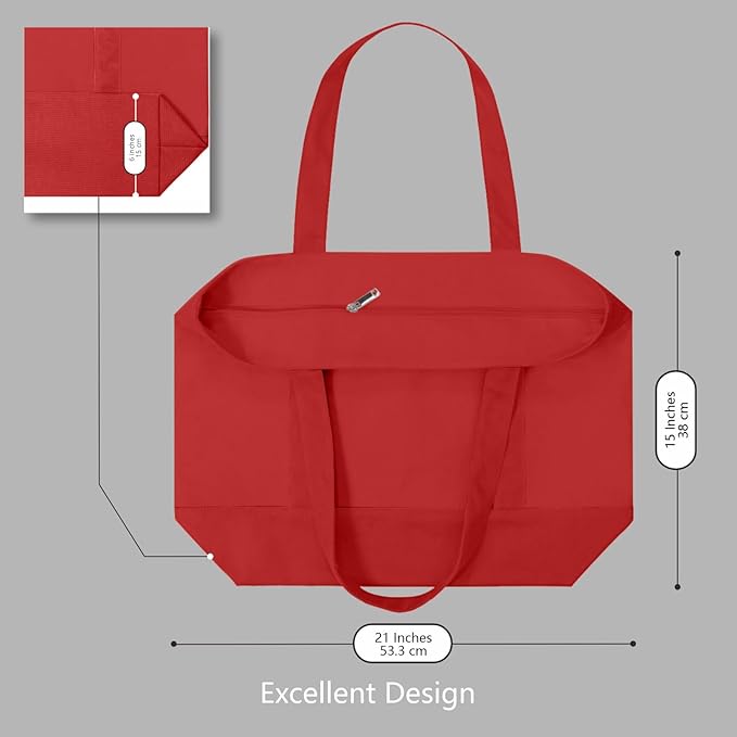 TOPDesign 3-Pack Canvas Tote Bags with an External Pocket, Reusable Grocery Shopping Bags, Top Zipper Closure, Daily Essentials (Red)