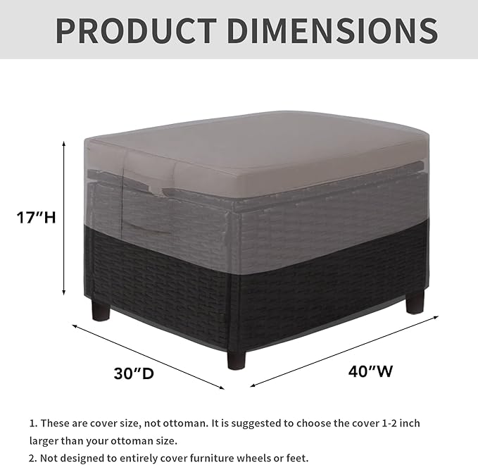 Easy-Going Outdoor Ottoman Cover, Waterproof Patio Ottoman Cover, Heavy Duty Outdoor Furniture Cover with Padded Handles (40"x30"x17", Gray/Black)