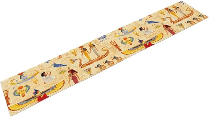 Egypt Table Runner, Ancient Egyptian Mythology Gods Hieroglyphic Elements Retro Farmhouse Table Runner for Home Kitchen Dining Party Indoor Outdoor 13x108in