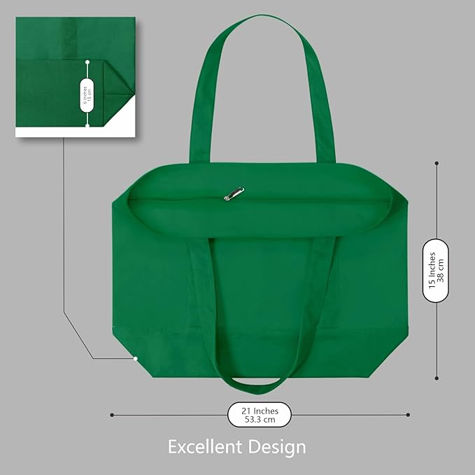 TOPDesign 3-Pack Canvas Tote Bags with an External Pocket, Reusable Grocery Shopping Bags, Top Zipper Closure, Daily Essentials (Green)