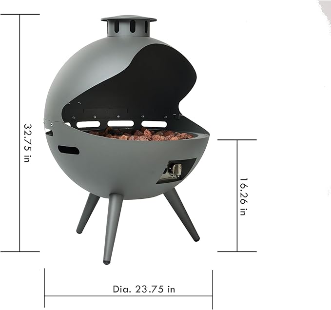 24-Inch Chimenea Outdoor Gas Fireplace, 55,000 BTU Propane Fire Pit with Lava Rocks and Rain Cover, Hemispherical 3-Legged Firepit, Gray