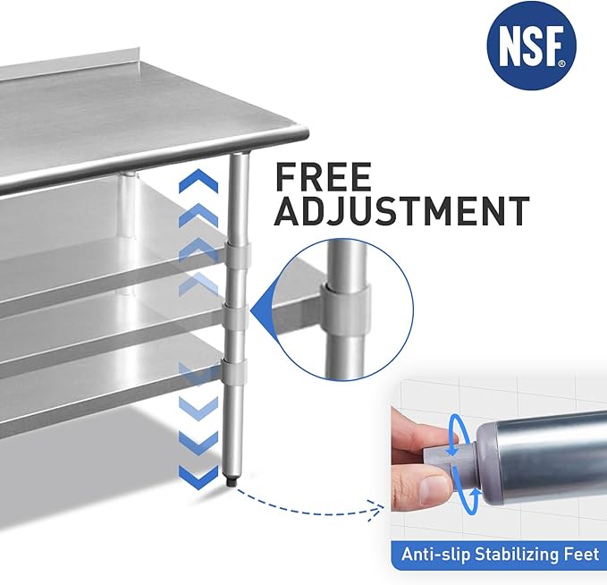 ROCKPOINT Stainless Steel Table for Prep & Work with Backsplash 18x72 Inches, NSF Metal Commercial Kitchen Heavy Duty Table with Adjustable Under Shelf and Table Foot for Restaurant, Home and Hotel