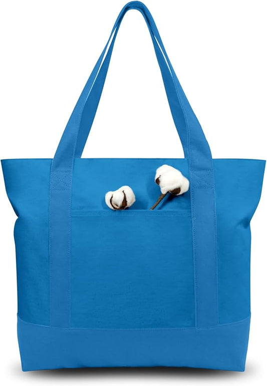 TOPDesign 6-Pack Canvas Tote Bags with an External Pocket, Reusable Grocery Shopping Bags, Top Zipper Closure, Daily Essentials (Ocean Blue)