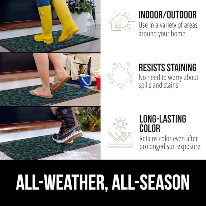 GORILLA GRIP 100% Waterproof All-Season WeatherMax Doormat, 72x24, US Designed Natural Rubber, Stain and Fade Resistant, Low Profile Indoor Outdoor Door Mats, Easy Clean Patio Mat, Moss Vine Leaves