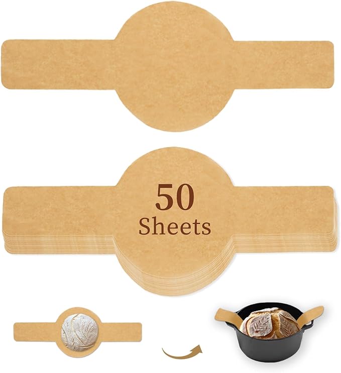 Parchment Bread Sling for Dutch Oven, BlissBoard Disposable Bread Baking Mat with Long Handles, 50 Pcs Unbleached Parchment Paper for Air Fryer, Sourdough Transfer