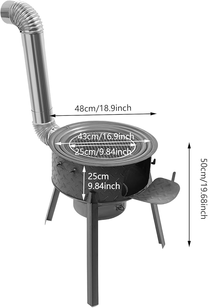 Portable Wood Burning Camping Stove with Grill,Outdoor Camping Stove with 3 Wok Rings 14.96/16.9/18.9 Inch,19.68" Height Freestanding Grills for Backyard, Outdoor Cooking