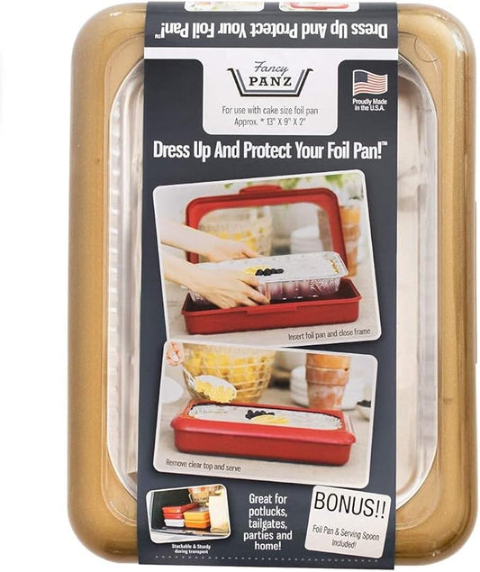 Fancy Panz - Gold Glitter 9x13x2" Aluminum Foil Pan Carrier with Lid - Elevated Food Serving Tray - Portable Casserole Carrier with Lid - Made in the USA Hosting Essentials