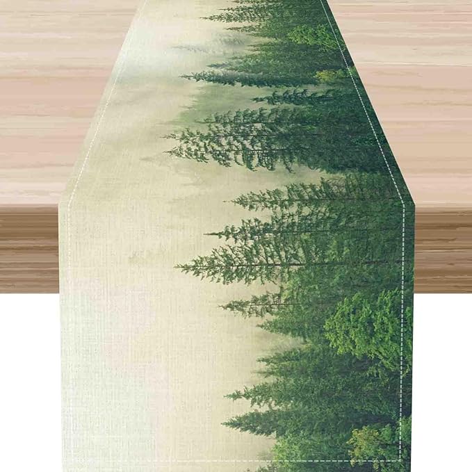Forest Table Runner, Rustic Farmhouse Misty Pine Tree Woodland Jungle Mountain Country Coffee Table Center Decor for Kitchen Dining Patio Holiday Party Indoor Outdoor Table Decorations, 13"x72" Inch