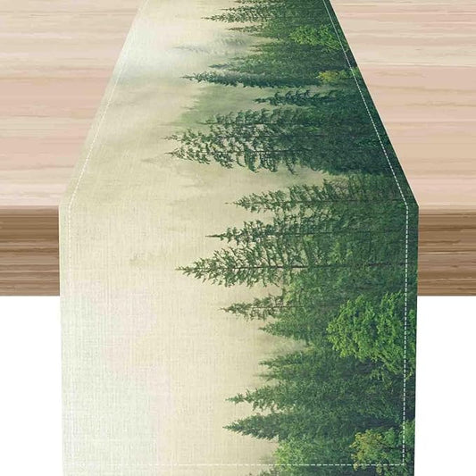 Forest Table Runner, Rustic Farmhouse Misty Pine Tree Woodland Jungle Mountain Country Coffee Table Center Decor for Kitchen Dining Patio Holiday Party Indoor Outdoor Table Decorations, 13"x72" Inch