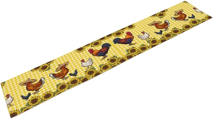 Farm Rooster Table Runner, Retro Western Farmhouse Chicken Sunflower Retro Yellow Buffalo Grid Print Table Runner for Dinning Holiday Party Indoor Outdoor Decor, 13x70inch
