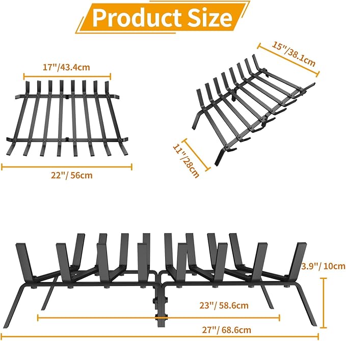 Fireplace Grate, 27 inch Solid Fireplace Log Holder, Heavy Duty Cast Iron Firewood Log Burning Rack Fire Grates for Inside Fireplace Accessories