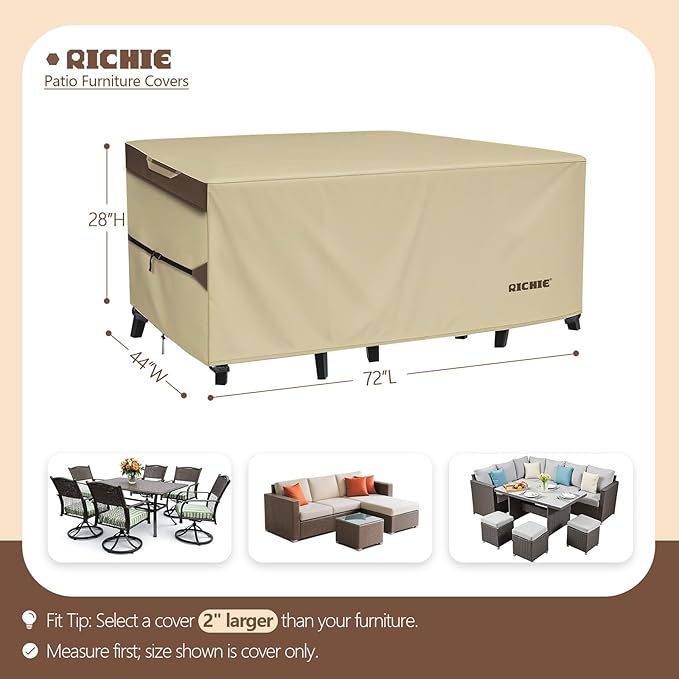 Outdoor Patio Furniture Cover - Heavy Duty Waterproof 600D Tough Canvas Protector for Rectangular Table Cover, All-Season Dining Table and Chair Covers (72L x 44W x 28H Inch)