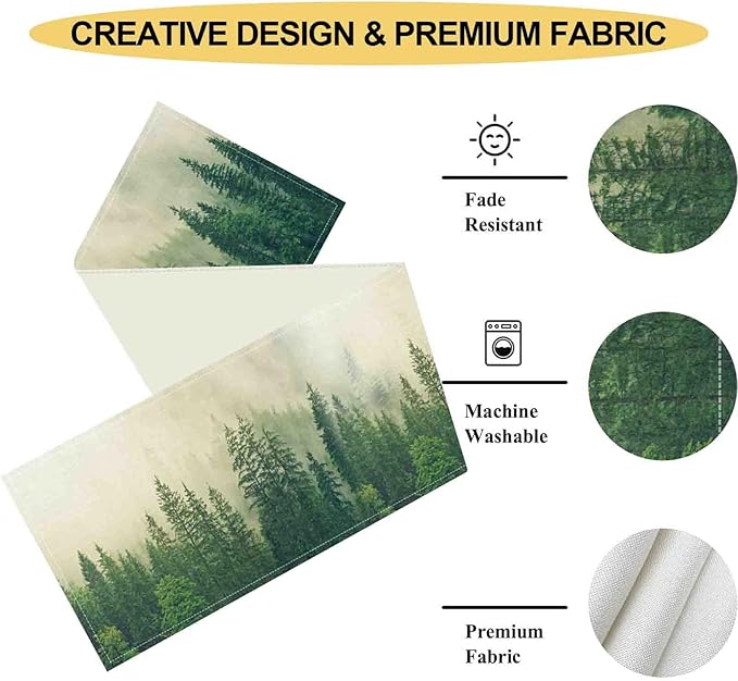 Forest Table Runner, Rustic Farmhouse Misty Pine Tree Woodland Jungle Mountain Country Coffee Table Center Decor for Kitchen Dining Patio Holiday Party Indoor Outdoor Table Decorations, 13"x72" Inch