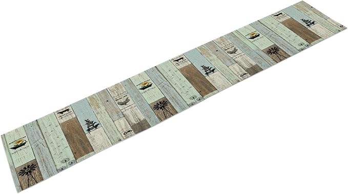 Rustic Farmhouse Table Runner, Vintage Country Blue Green Wooden Board Cow Chicken Pig Windmill Print Table Runner for Kitchen Dining Room Wedding Party Decor, 13x60inch