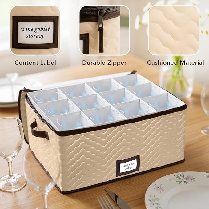 Wine Glass Storage Box with Dividers - Stemware Storage Case, Durable Quilted Microfiber Bin with Carry Handles, Protects Fine China - (2 Pack, Red Wine Glass)