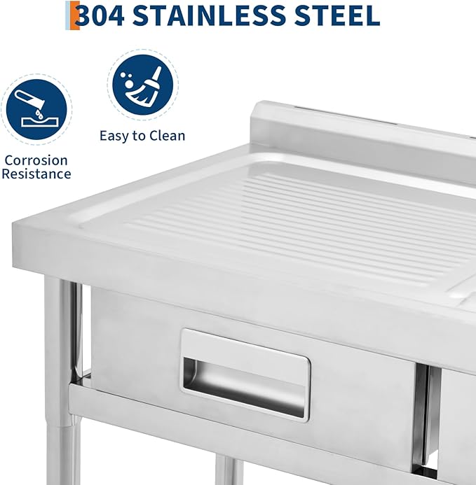 Freestanding Stainless Steel Utility Sink with Workbench, Left Drawer, Commercial Kitchen Sink with Faucet, Hot & Cold Water, Storage Shelf, S-Hook, Knife Holder, Adjustable Leg for Indoor Outdoor