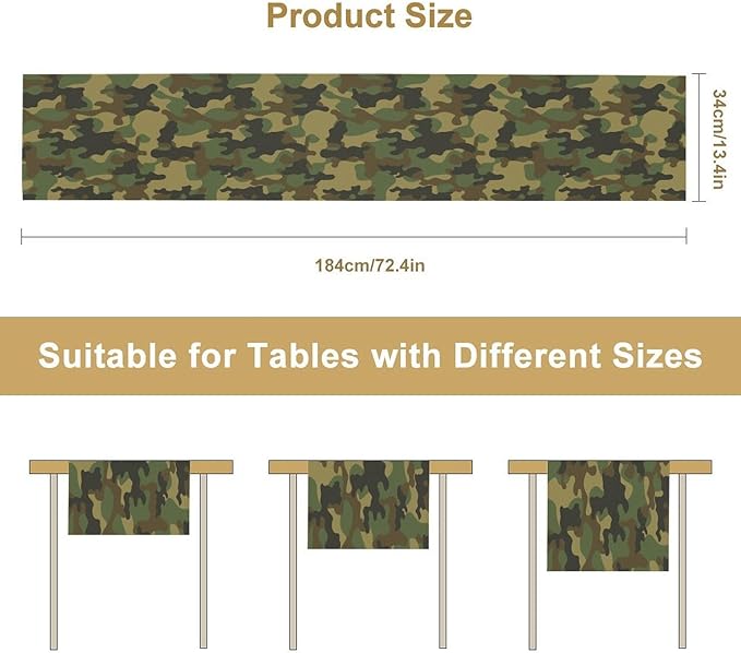 Camo Table Runner, Military Camouflage Coast Guard Force Soldier Hunting Themed Table Runner for Holiday Birthday Party Home Kitchen 13x60in