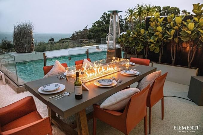 Elementi | Bundle Sonoma Gas Fire Pit Cast Concrete Rectangular Dining Fire Table, Outdoor Fire Pit Electronic Ignition | Canvas Cover, Lava Rock Included | Propane Gas