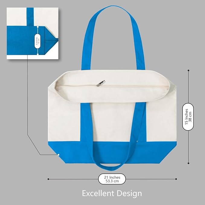 TOPDesign 3-Pack Canvas Tote Bags with an External Pocket, Reusable Grocery Shopping Bags, Top Zipper Closure, Daily Essentials (Ocean Blue/Natural)