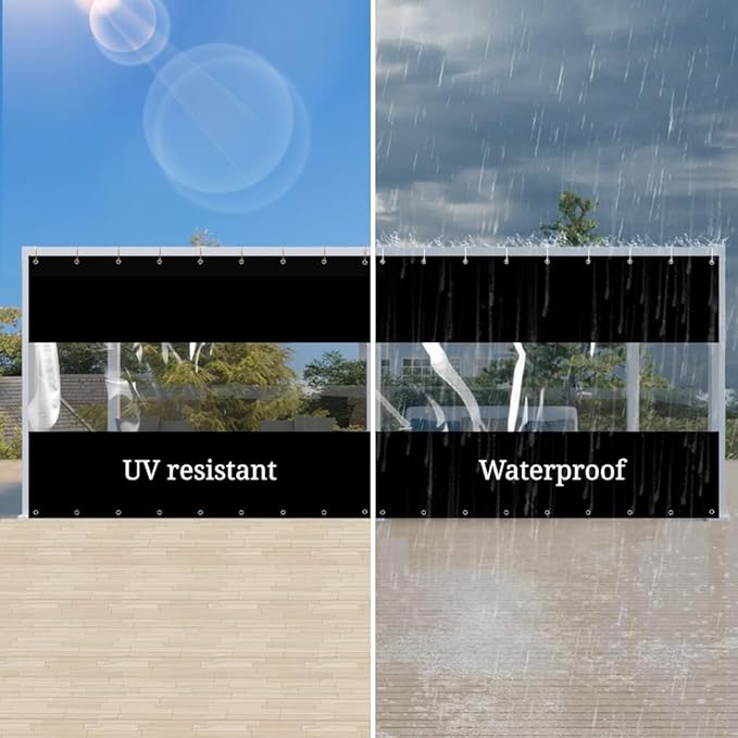 Covers & All Outdoor Clear Panel Curtain, 12 oz Vinyl Outdoor Curtains for Patio, Weather Resistant Waterproof Tarp with Brass Grommets for Pergola, Porch, Gazebos, Balcony (8'H x 9'W Feet, Black)