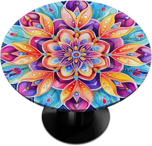 Floral Colorful Bright Vintage Round Table Cloth Cover, Elastic Edge Waterproof Wipeable Tablecloths 36"-42" Polyester Tablecloth for Party Restaurant Banquet Holiday Camping Outdoor Picnic