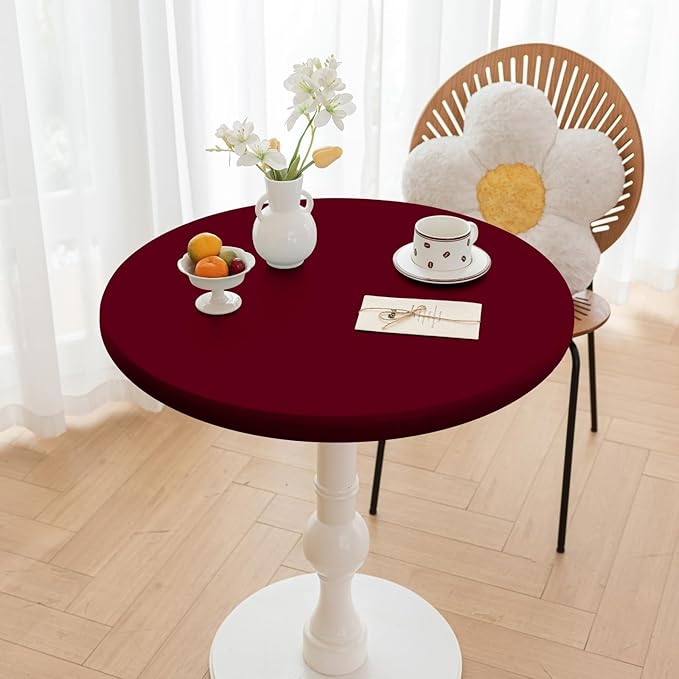Round Fitted PU Tablecloth with High Elastic Edge 39 Inch Dia Waterproof Oil Proof Table Cloth Anti-Scald Stain-Resistant Wipeable Table Cover for Indoor Outdoor Picnic (Red,39" Dia)