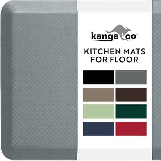 KANGAROO Thick Ergonomic Anti Fatigue Mats for Kitchen Floor, Cushioned Standing Office Desk Mat, Waterproof Scratch Resistant Topside, Supportive All Day Comfort Padded Foam Rugs, 17x24, Gray