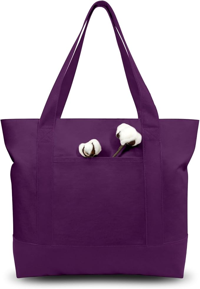 TOPDesign 1-Pack Canvas Tote Bags with an External Pocket, Reusable Grocery Shopping Bags, Top Zipper Closure, Daily Essentials (Purple)
