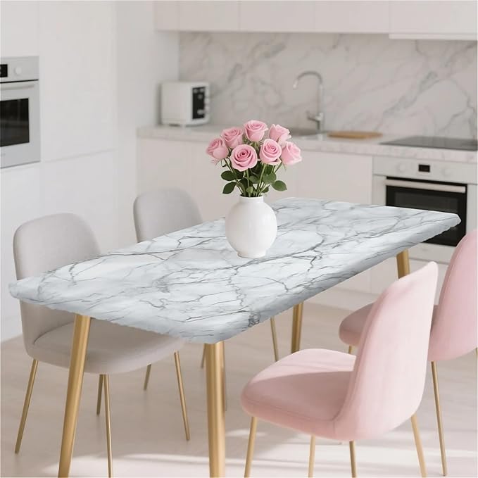 Rectangle Table Cloth Cover Waterproof Elastic Fitted Polyester Fitted Tablecloths for 6 Foot Tables for Indoor,Picnic, Camping, Outdoor （60" x 30"，Marble）