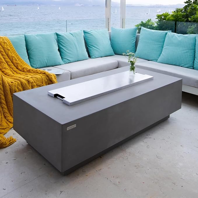 Elementi Granville Fire Pit Bundle Outdoor Firepit Set Includes 60” Natural Gas Concrete Firepit Table, Glass Windscreen, Stainless Steel Cover, Canvas Cover, Floor Mat, and Beverage Tub
