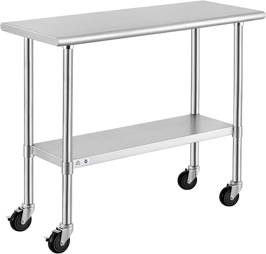 ROCKPOINT Stainless Steel Table for Prep & Work with Caster Wheels 18x36 Inches, NSF Metal Commercial Kitchen Heavy Duty Table with Adjustable Under Shelf and Table Foot for Restaurant, Home and Hotel