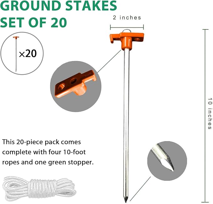 Eurmax USA Galvanized Non-Rust Camping Family Tent Pop Up Tent Stakes Ice Tools Heavy Duty 20pc-Pack, with 4x10ft Ropes & 1 Orange Stopper