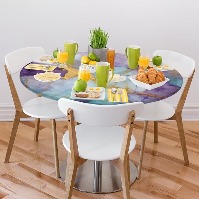 Marble Purple Gold Blue Round Table Cloth Cover, Elastic Edge Waterproof Wipeable Tablecloths 36"-42" Polyester Tablecloth for Party Restaurant Banquet Holiday Camping Outdoor Picnic