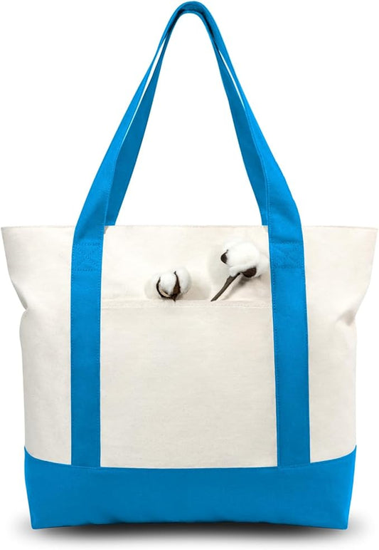 TOPDesign 3-Pack Canvas Tote Bags with an External Pocket, Reusable Grocery Shopping Bags, Top Zipper Closure, Daily Essentials (Ocean Blue/Natural)
