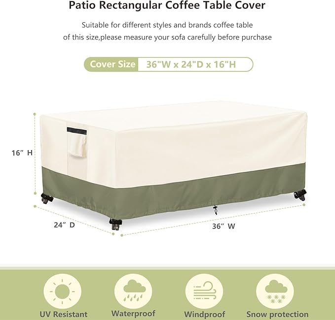Outdoor Coffee Table Cover 36 W x 24 D x 16 H Inches,600D Heavy Duty Waterproof Outdoor Table Cover,Patio Rectangle Table Covers,Beige