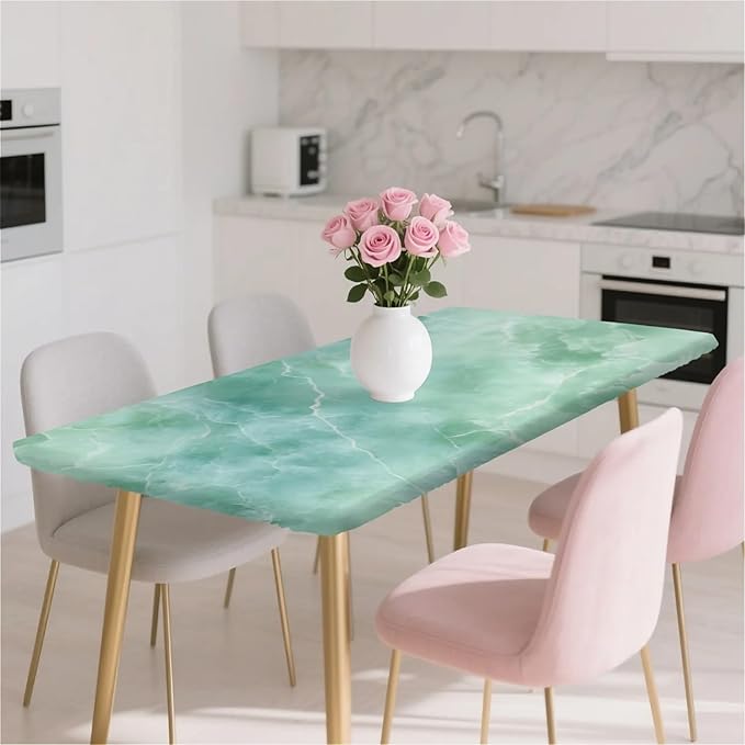 Rectangle Table Cloth Cover Waterproof Elastic Fitted Polyester Fitted Tablecloths for 4 Foot Tables for Indoor,Picnic, Camping, Outdoor （48" x 30"，Green Marble）