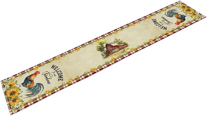 Rooster Table Runner, Farmhouse Red Plaid Sunflower Floral Chicken Farm Cow Pig Rustic Coffee Table Center Decor for Family Kitchen and Dining Room Outdoor Country Party Table Decorations, 13"x72"