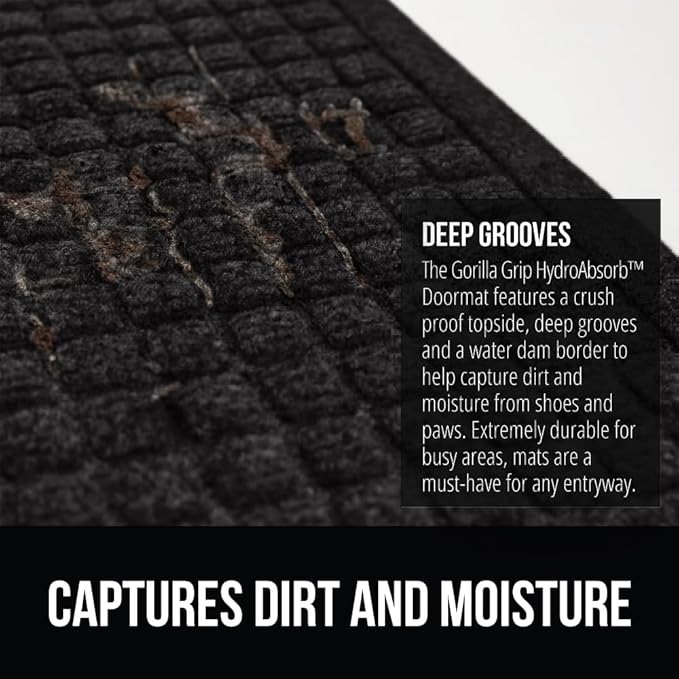 GORILLA GRIP Front Door Mat, Indoor Outdoor Ultra Absorbent HydroAbsorb Doormat, Absorbs Up to 1.7 Cups of Water, Stain and Fade Resistant, Rubber Backing Doormats, Captures Dirt, 2 Pack, 29x17 Black
