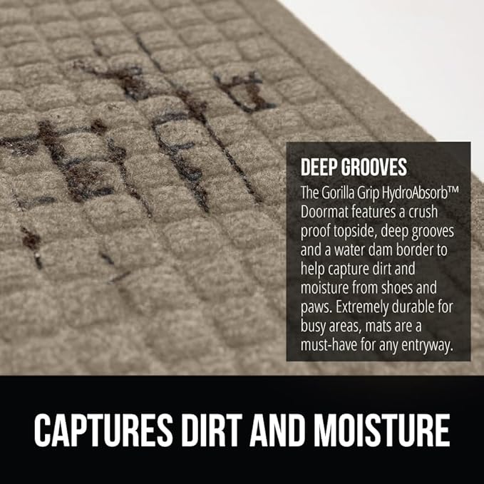 GORILLA GRIP Front Door Mat, Indoor Outdoor Ultra Absorbent HydroAbsorb Doormat, Absorbs Up to 1.7 Cups of Water, Stain and Fade Resistant, Rubber Backing Doormats, Captures Dirt, 29x17 Beige