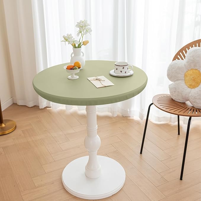 Round Fitted PU Tablecloth with High Elastic Edge 43 Inch Dia Waterproof Oil Proof Table Cloth Anti-Scald Stain-Resistant Wipeable Table Cover for Indoor Outdoor Picnic (Green,43" Dia)