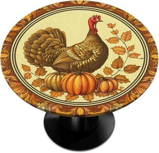 Thanksgiving Vintage Turkey Round Table Cloth Cover, Elastic Edge Waterproof Wipeable Tablecloths 45"-56" Polyester Tablecloth for Party Restaurant Banquet Holiday Camping Outdoor Picnic