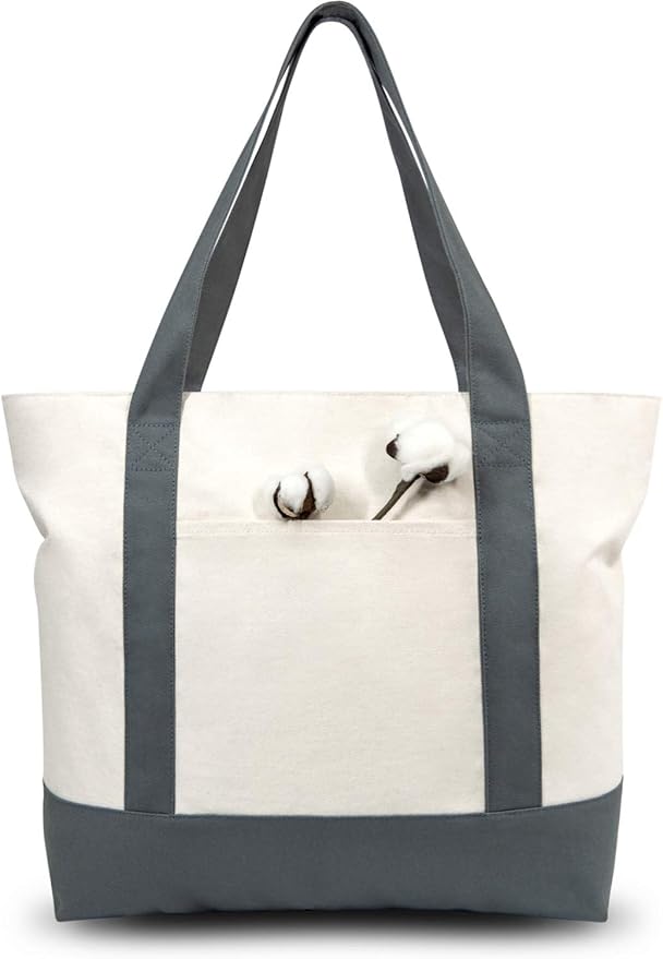 TOPDesign 1-Pack Canvas Tote Bag with an External Pocket, Reusable Grocery Shopping Bag, Top Zipper Closure, Daily Essentials (Grey/Natural)