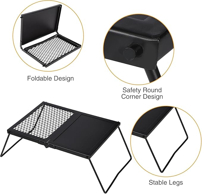 Folding Campfire Grill Grate, Portable Heavy Duty Steel Mesh Over Fire Camp Grill, Camp Fire Cooking Equipment with Legs & Carrying Bag, Grilling Rack for Outdoor BBQ Picnic
