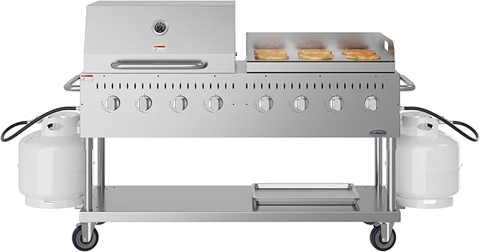 60 in. 8-Burner Commercial Outdoor Propane Gas Grill with 30 in. Roll Dome Cover and 30 in. Griddle in Stainless-Steel, ETL Listed (CGKIT6-D30G30)